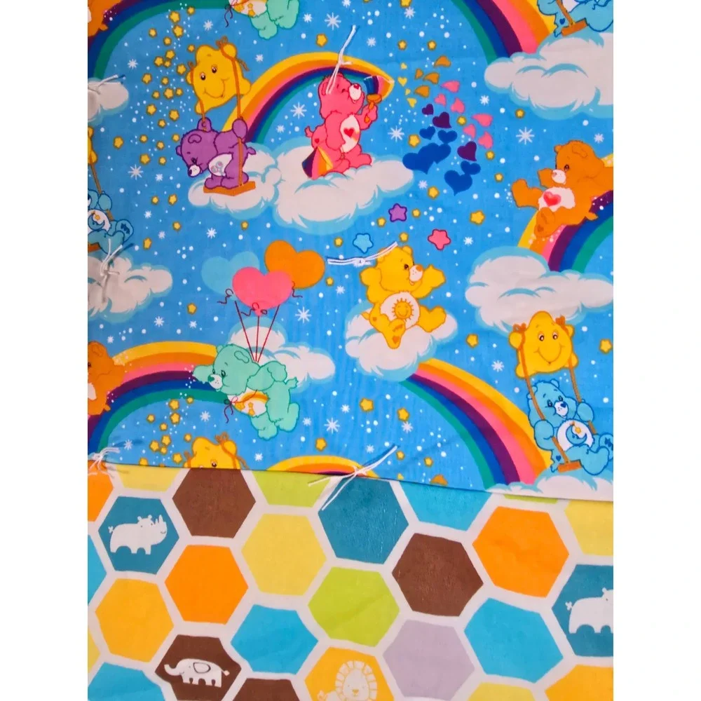 Vintage Care Bears Baby‎ Blanket Quilt Hand Tied Reversible Animals Blue 40x47